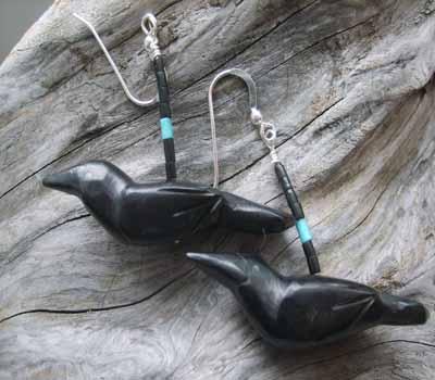 Southwest Jewelry Carved Jet Raven Earrings- Big